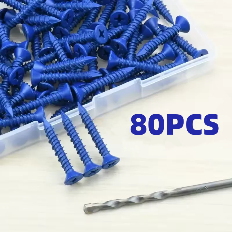 Drywall Anchor Screw - 80pcs Blue Concrete Screws 3/16x1-1/4